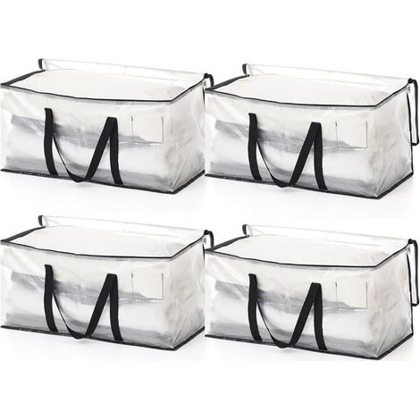 Lot de 4 sacs rangement transparents 90L – Avec poignées, étiquette – Pliables – Pour vêtements, déménagement (1/4)