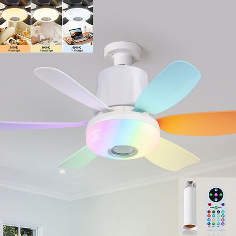 Ventilateur de plafond avec télécommande, lumineux RGB, 3000K à 6500K, 3 vitesses , musique Bluetooth (blanc, avec base) (1/5)