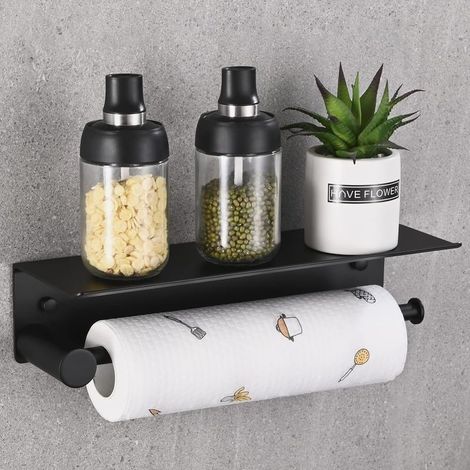 Porte-essuie-tout mural, magnétique, sans perçage Porte-essuie-tout de cuisine, porte-rouleau avec étagère de rangement spacieuse, aluminium 31 cm / 12,2 pouces, noir (1/5)