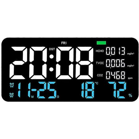 Horloge murale numérique LED bleue avec affichage formaldéhyde/CO2/COVT, détection de fumée et compte à rebours. Décoration pour chambre. (1/5)