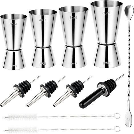 Gobelet doseur à cocktail 3 cl / 4 cl / 5 cl / 6 cl - Double mesure - En acier inoxydable - Avec bec verseur - Agitateur et pinceau de nettoyage - Pour bar, fête, bar à la maison (1/5)