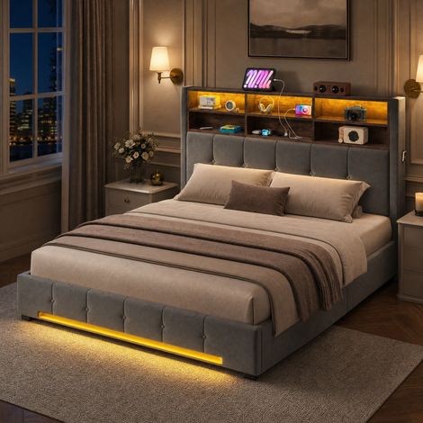 Cama canapé moderna 160x200 cm de terciopelo gris oscuro, cabecero con 6 huecos, USB-C, LED y arcón (1/5)
