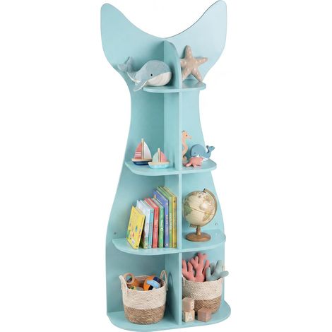 COSTWAY Bibliothèque Enfant Montessori à 4 Niveaux en Forme Poisson, Étagère à Livres Bois avec Compartiments Ouvertes, Kit Anti-Basculement, Meuble Rangement Jouet pour Chambre Salle de Jeux (1/5)