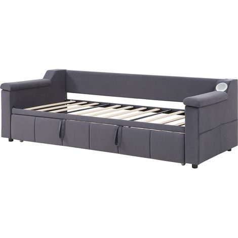 Ausziehbares Schlafsofa 90/180x190 cm aus grauem Samt, Bluetooth, USB, Stauraum (1/5)