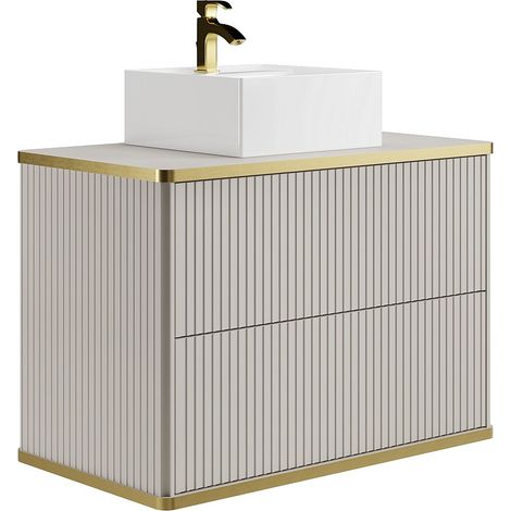 Mobile per bagno sospeso con scanalature con profilo dorato lavabo da appoggio quadrato 80 cm Beige - KELIZA