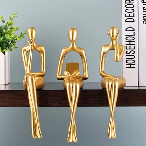 Lot de 3 Statues, Penseur, Résine dorée, Sculpture abstraite, Assise, Décoration bureau, Salon, Étagère (1/4)