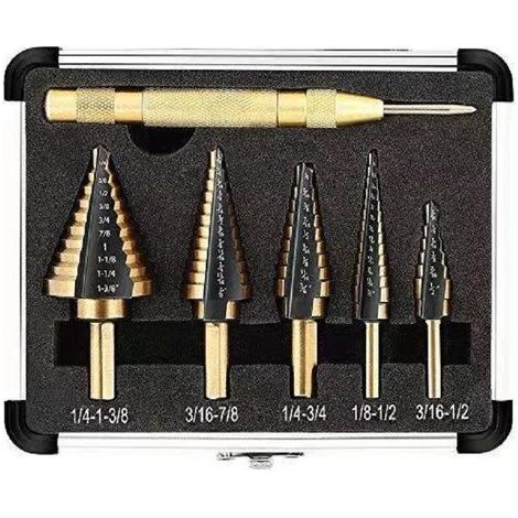 Foret Étagé 5PCS avec Poinçon Central Automatique et Foret Hélicoïdal - Coupe Conique Double Fente Revêtu de Titane (1/4)