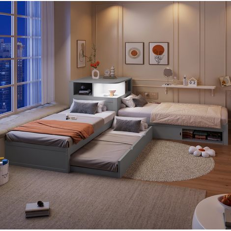 Lit plateforme L 90x200 avec lit gigogne et espace de rangement, gris (1/5)