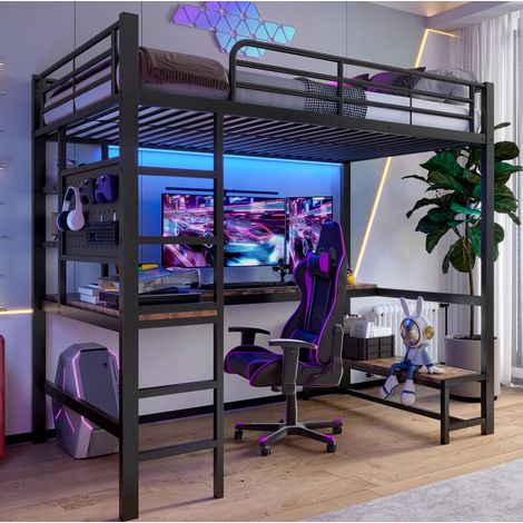 Cama alta moderna 90x200 cm de metal negro con escritorio, estantes, escalera, barandillas, LED y USB-C (1/5)