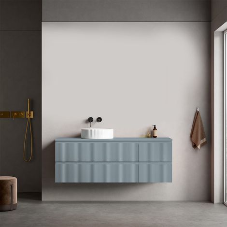 Mobile bagno sospeso cannettato reversibile  140 cm Blu Avio per Lavabo d'appoggio Senza Specchio - Fiji Paint Top Canneté (1/4)