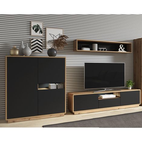 Wohnwand inkl. LED Beleuchtung ALBANY-83 in Taurus Eiche Nb. mit schwarz matt, B/H/T: ca. 316/180/40 cm (1/5)