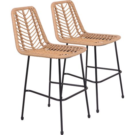 Happy Garden – Lot de 2 tabourets de bar en rotin synthétique noir – Hauteur d'assise 65cm – Repose-pieds intégré – Pour intérieur et extérieur