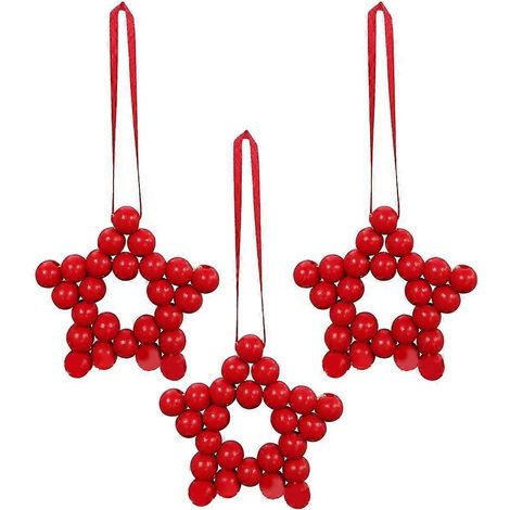 Ensemble de décorations de Noël suspendues en bois rouge avec perles - Décoration festive (1/4)