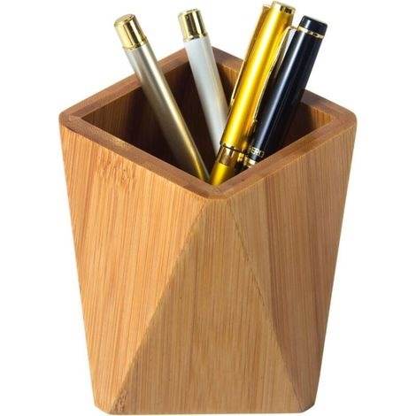 Support de porte-stylo en bois de bambou pour bureau géométrique crayon tasse Pot mignon bureau fournitures de bureau pour enfants, organisateur de pinceaux de maquillage (1/4)