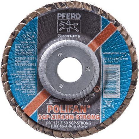 Muela abanico Ø 125 mm (12200 tr/mn), POLIFAN® SGP-ZIRKON-STRONG, Grano : 36, Acero recommandé