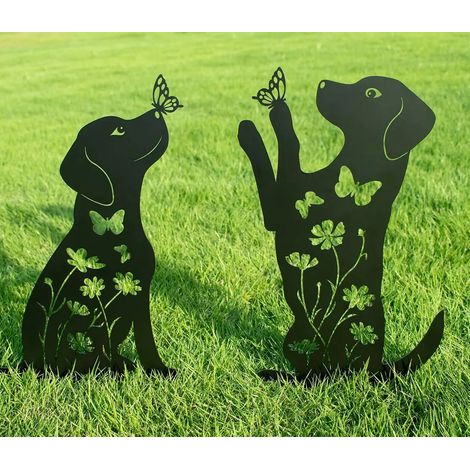Metall Hund Garten Dekor (2er Pack), 17" Große Größe Hund Dekorative Garten Stakes, Schwarzer Hund Silhouette Yard Rasen Outdoor Dekorationen, Wetterbeständigkeit Stahl Hund Dekor für Hundefreunde (1/5)