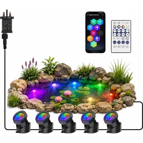 Projecteurs pour bassin alimentés par le secteur, éclairages subaquatiques RGB 5 en 1 pour aquarium avec télécommande, IP68 multicolores, submersibles, pour aquarium, jardin, cour, piscine, fontaine. (1/5)
