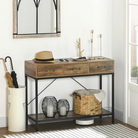 Table Console d'Entrée Style Industriel, 3 Tiroirs + 1 Plateau, Aspect Bois, 100x35x76,5cm, Marron Clair & Noir