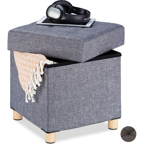 Relaxdays storage pouffe, softly padded, quilted, fabric cover, cube-shaped, HxWxD: 40 x 38 x 38 cm, grey (1/5)
