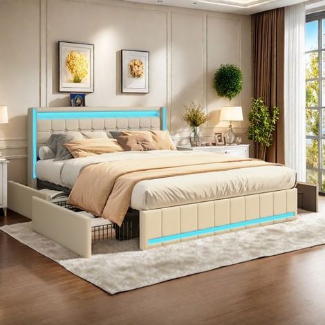 Doppelbett 140x200 cm mit USB-LED - Bett 140x200 cm mit 4 Schubladen - Polstervolles Bett - Erwachsenenbett 140x200 cm - Lattenrost - Beige