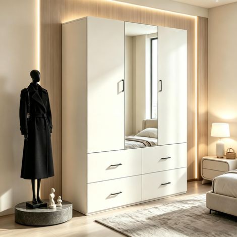 FOERPL-Armadio bianco con illuminazione a LED e specchio, armadio per camera da letto per adulti con 2 ante in vetro e 3 cassetti, armadio multifunzionale con asta appendiabiti mobile contenitore (1/5)