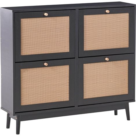 Armoire à Chaussures avec 4 Compartiments Panneau de Particules de Bois et Rotin Style Boho Noir Armidale