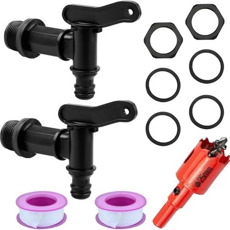 Robinet Cuve Plastique, 2PCS 3/4" Adaptateur Tuyau Arrosage avec Ruban Étanche et Ouvre-trou Raccords De Tuyau D'arrosage Robinet De Tonneau pour seaux Robinets de Rechange (1/5)