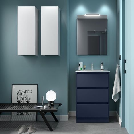Badezimmermöbel BALTIC 600 3 Schubladen BLUE SATIN + Waschtisch (1/2)