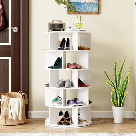 Meuble à chaussures rotatif d’angle, blanc, rond, 5 niveaux, hauteur 115 cm, largeur 60 cm