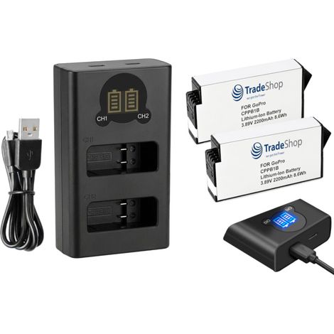 Trade-Shop 3in1 Set: 2x Akku 2200mAh + USB-C Dual LCD Ladegerät Ladestation kompatibel mit GoPro Max 2, AMBAT-001 / Zubehör für 360°-Actionkamera (1/4)
