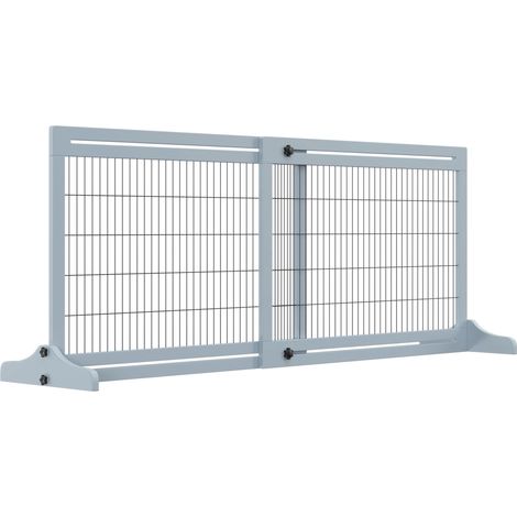 Barrière pour chien en bois, extensible et sécurisée, avec repose-pieds, autoportante, grise, 104-183 cm, 36 cm de hauteur