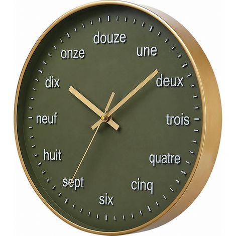 Horloge murale silencieuse à quartz 30 cm cadre doré champagne fond vert armée chiffres blancs réf 8501 – Livraison gratuite