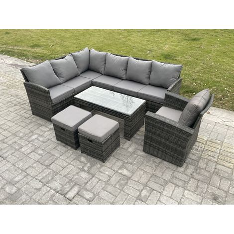 Fimous 9 Seater Outdoor Rattan Garden Furniture Set Corner Sofa Oblong Coffee Table Sets with Patio 2 Small Footstools Armchair Dark Grey Mixed
