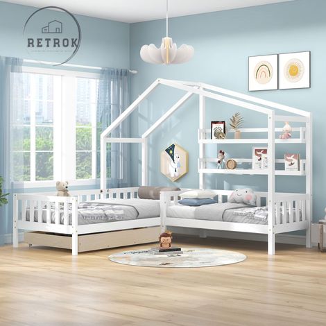 Lit cabane enfant 90x200cm + 70x140cm - avec tiroirs, étagères, sommier à lattes, cadre en L, en pin - Blanc (1/5)
