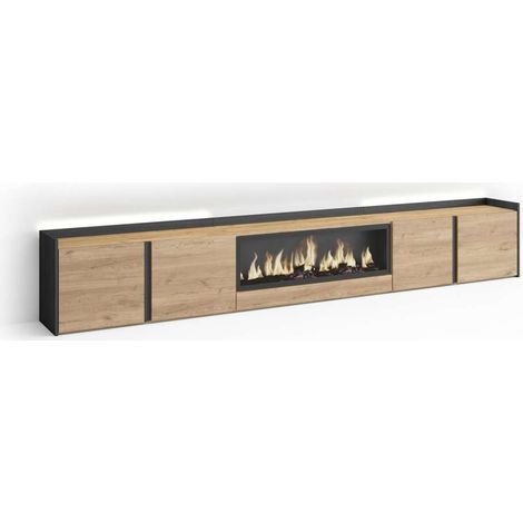 Mueble TV Algarrobo-02 de 315x50x35 cm con chimenea y luces LED, color roble y negro (1/4)