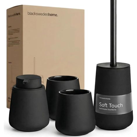Salle de Bain Accessoire Noir Mat - Distributeur Savon, Gobelets, Brosse WC - Céramique Haut de Gamme, Revêtement Caoutchouc, Design Nordique - Brosse Set Salle de Bain (1/5)