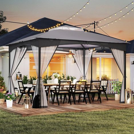 Tonnelle de Jardin Exterieur avec Moustiquaire, Pavillon de Jardin, Protection Solaire, Cadre Métallique, Sacs de Sable, Montage sans Outil, Tente de Reception pour Terrasse Patio (Gris) (1/5)