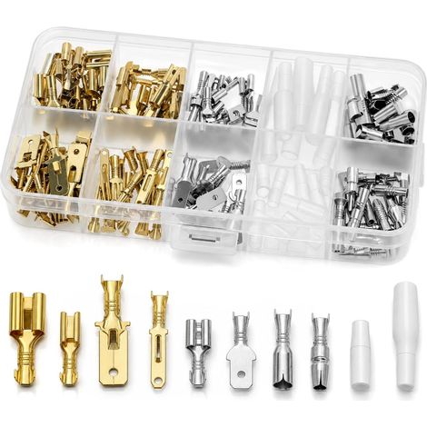 150 Pcs Kit Cosse à Sertir Électrique 2,8mm 4,8mm 6,3mm 4,0mm – Connecteurs de Fil Mâle et Femelle en Laiton pour Voiture, Moto, Scooter et Bateaux – Terminaux avec Manchons Isolants (1/5)