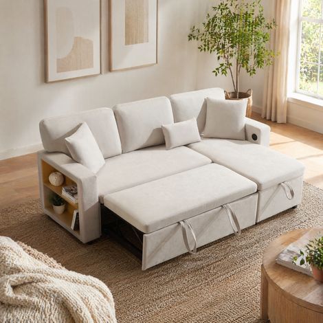 Divano angolare letto 4 posti con contenitore, USB e mensola integrata beige HAVRYA (1/5)