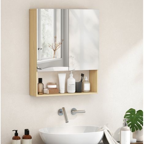 REDOM - Armoire de salle de bain murale, 60x16.6x75 cm, portes miroir doubles, étagère ouverte réglable, bois et verre, chêne (1/5)