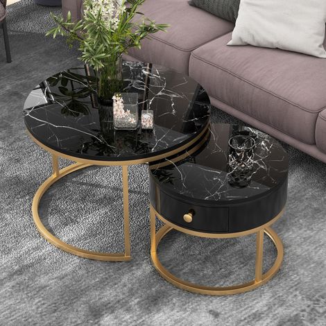 Tables basses gigognes rondes 70/50 cm, lot de 2, motif marbre noir, MDF et métal doré (1/5)