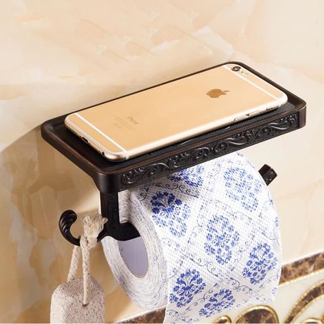 Porte-Rouleau pour Papier Toilette WC Mural Dérouleur Distributeur Papier WC Inox Support de Téléphone pour Salle de Bains NOIR (1/4)
