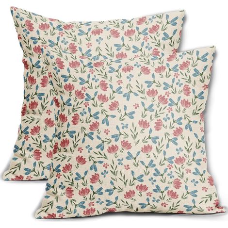 Kissenbezug mit grün/rosa/blauem Blumenmuster, 50 x 50 cm, 2-teiliges Set, Vintage-Landhaus-Blumenmuster, Dekoration im Outdoor-/Bauernhausstil, kompatibel mit Kissen in Standardgröße.