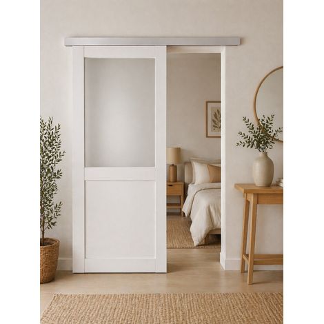 Porte Coulissante Athena Blanc H204 X L73 + Rail Alu