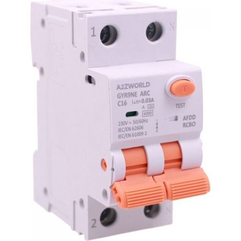 AFDD+RCBO Interruttore Antiincendio, Magnetotermico Differenziale con Rilevamento Di Arco Elettrico, Tipo A Curva C, 1P+N 2M 6000A 30mA, AC 220V Doppia Leva,GYR9NE-ARC,10A 16A 20A 25A 32A 40A (C16A)