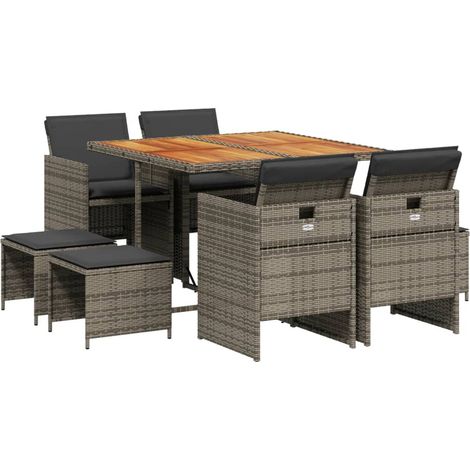 Set da Pranzo da Giardino 9 pz con Cuscini in Polyrattan Grigio vidaXL