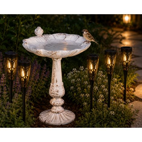 Juego de decoración de jardín de hierro fundido (2 piezas): fuente para pájaros con motivos florales XL y antorcha solar (1/5)