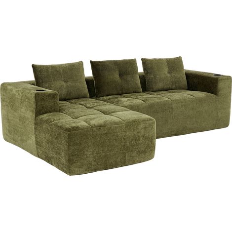 Sofá Chaise Longue 4-5 Plazas con Portavasos, Asiento Profundo, para Salón Pequeño y Oficina, Chenilla Verde, 258 cm (1/5)
