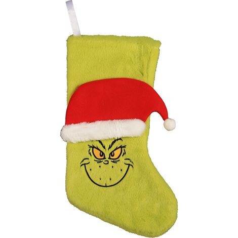 Chaussette de Noël en peluche brodée et en relief « Grinch » - Décoration de Noël à suspendre à la cheminée (1/3)