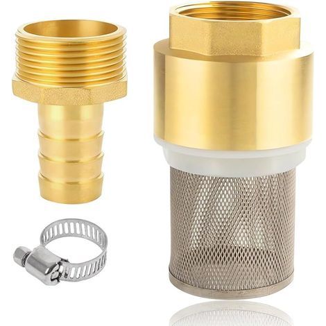Clapet anti-retour en laiton 1 1/2", filtre d'aspiration 1 1/2", valve à pied en laiton avec clapet anti-retour, crépine, raccord de tuyau et collier de serrage (filetage de vis 1 1/2" + raccord de (1/5)